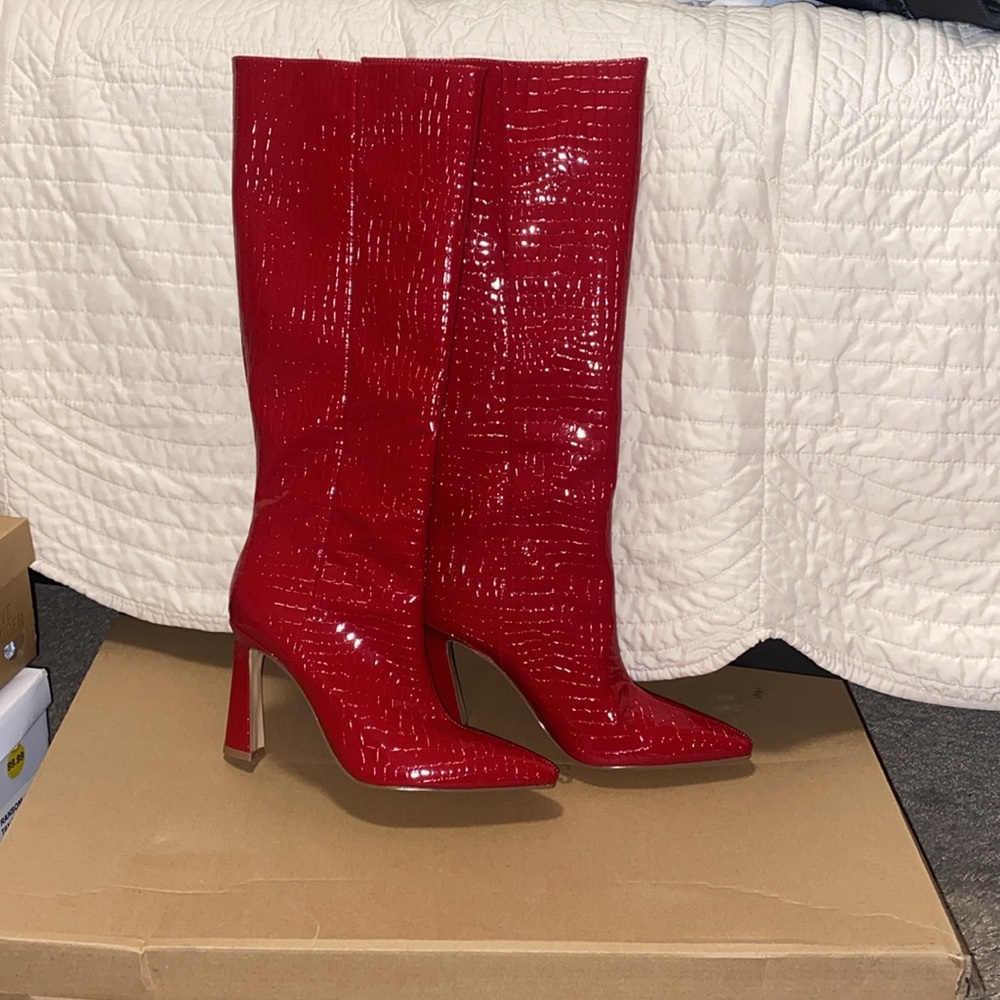 Steve Madden Red Croc-Embossed Knee-High Boots